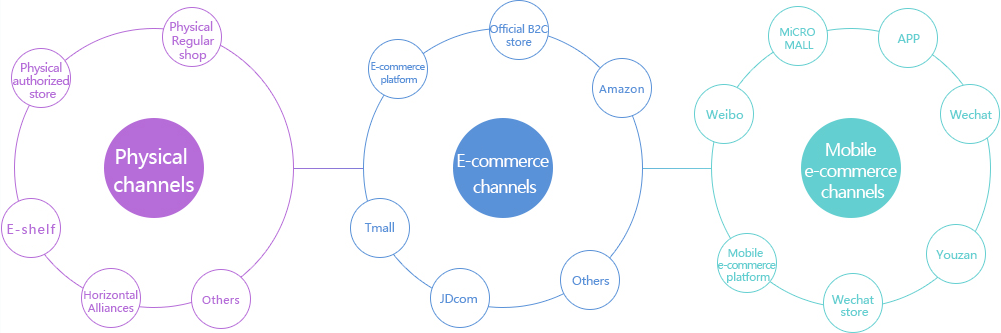 physical channels physical regular shop others horizontal e-shelf physical authorrized
store e-commerce channels platform official b2c store amazon jdcom tmall mobile e-commerce channels app wechat youzan wechat store
mobile e-commerce platform weibo micro mall
